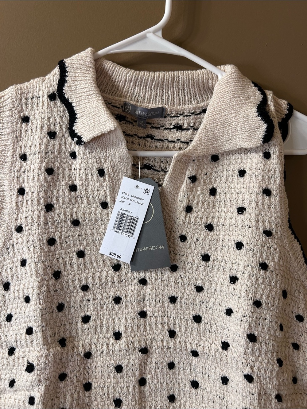 Wit & Wisdom Cream Knit Sleeveless Polka Dot Tank with Black Trim - Picture 7 of 9